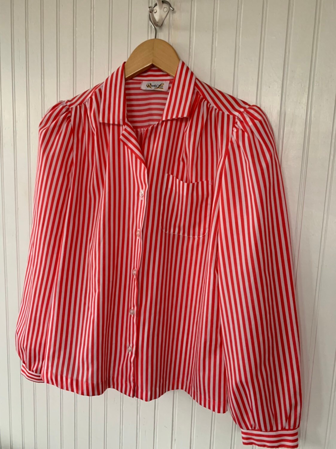 Vintage Red White Striped Button Down Shirt Small Medium S/M Blouse ...