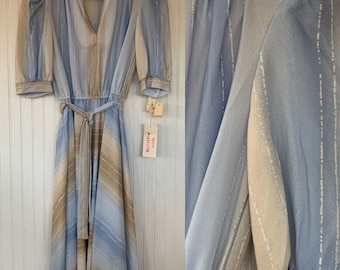 Unique Vintage 80s Pastel Blue White Tan Ombré Sheer Puff Sleeve Dress M 4 6 8 Medium Med NWT Deadstock V-Neck 70s Boho Festival Wedding