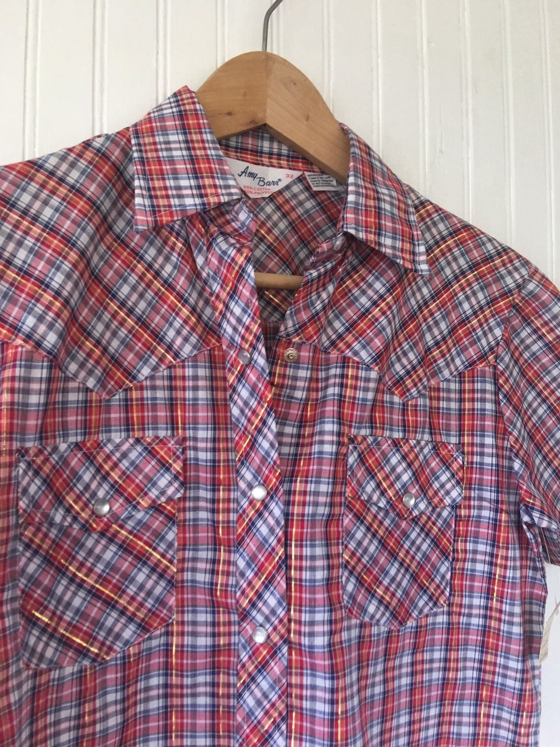 NWT Vintage Plaid Short Sleeve Top Size Small / Medium - White Red Blue ...