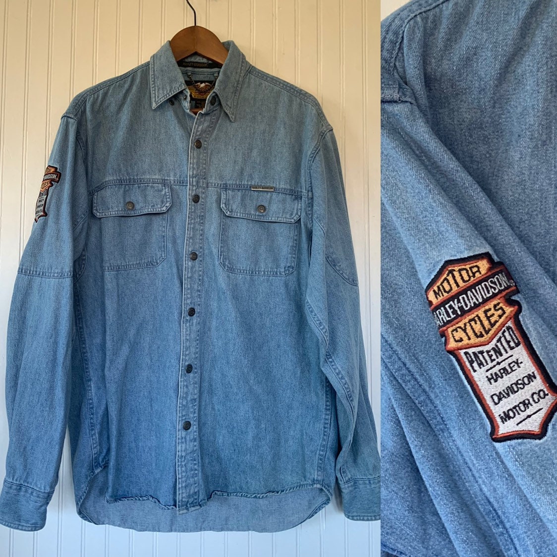 Vintage 90s Harley Davidson Blue Jean Denim Shirt Mens Small Womens ...