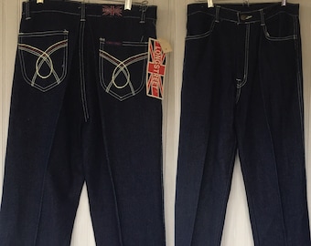 NWT Vintage 80s Deadstock High Waisted Dark Denim Blue Jeans 30 High Rise Embroidered Pockets 29 with Original Tags Union Jack Large L