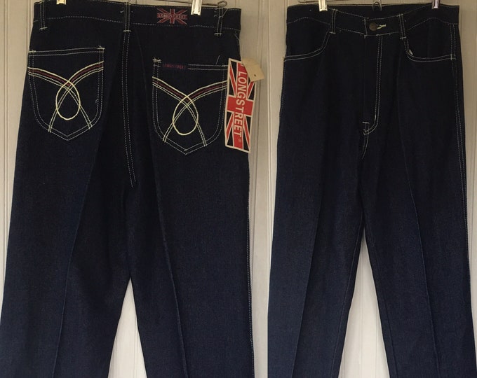 NWT Vintage 80s Deadstock High Waisted Dark Denim Blue Jeans 30 High Rise Embroidered Pockets 29 with Original Tags Union Jack Large L