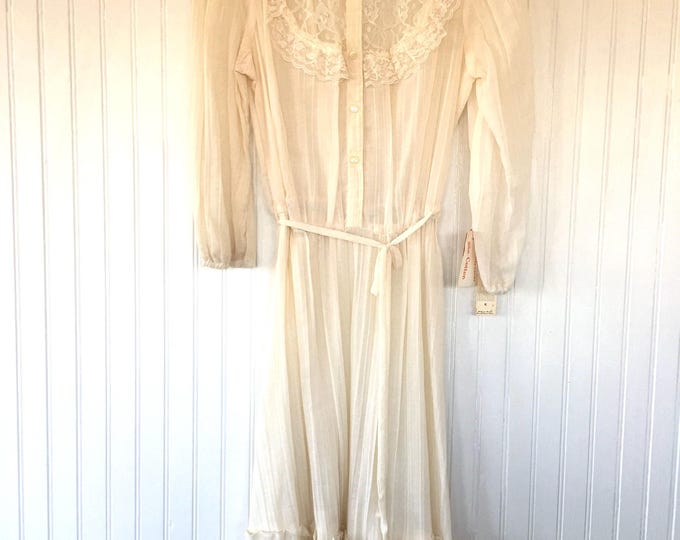 Vintage 70s Ivory Lace Sheer Floral Boho Dress Medium M L Large 8 9 10 11 80s Dead Stock NWT Wedding Spring Festival Victorian Puff Sleeve