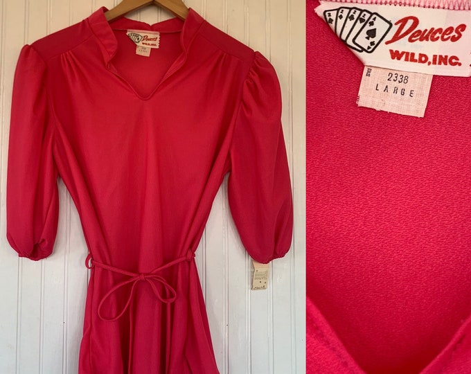 Vintage Deadstock 70s Sheer Large Hot Pink Peasant Top 3/4 Sleeve 70s nos Medium Tops M/L LG Med Short Puff Sleeves 38 Boho Blouse 80s