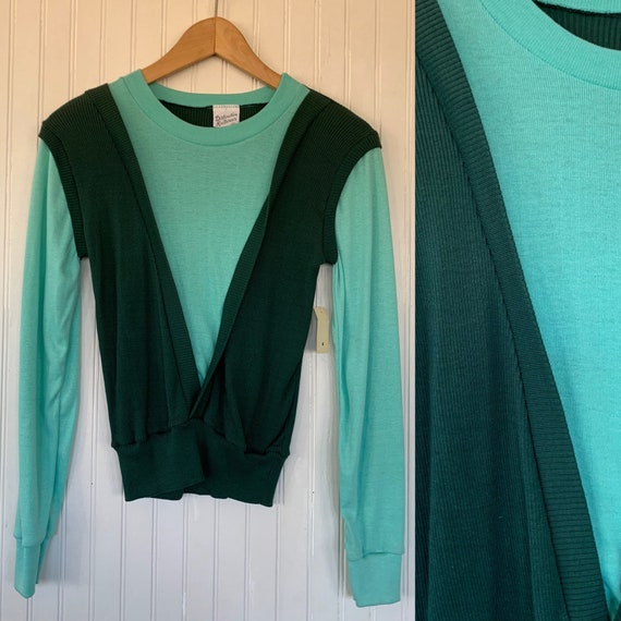 Vintage 70s Small Long Sleeve Top / Shirt Seafoam… - image 1