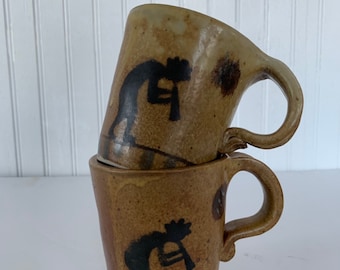 Vintage Dancing Kokopeli Hand Made Mug Set Signed Boho Gifts Handmade Art Ceramic Mugs Home Decor Hippie
