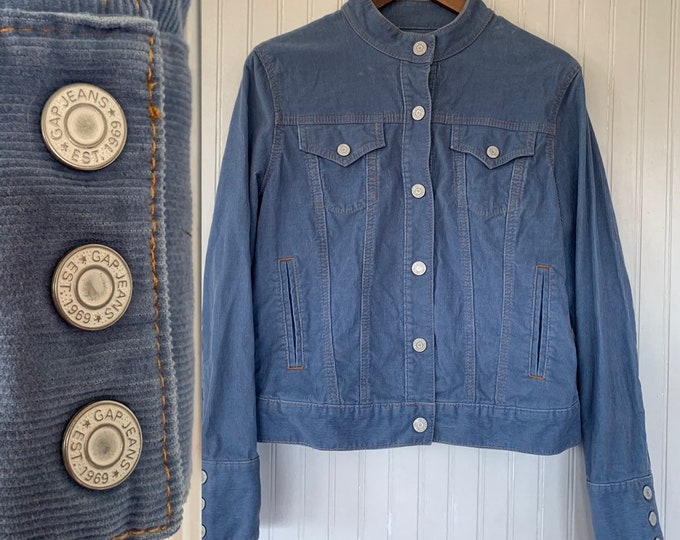 Vintage 90s the gap Medium Corduroy Jacket cornflower blue Snap Down Mock Neck Blazer M Med Nineties Jean Jackets cord coat