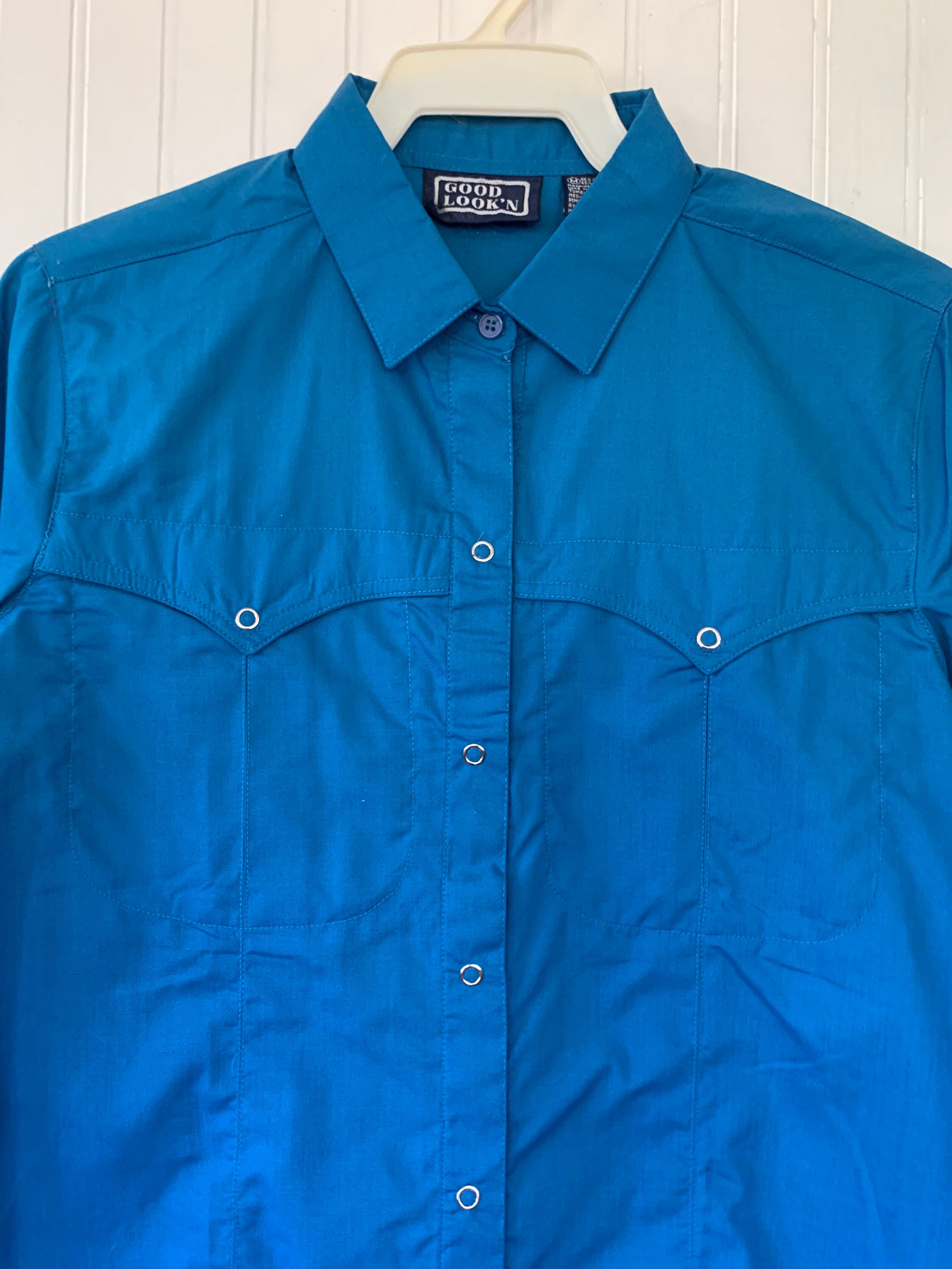 Deadstock Vintage Bright Blue Snap Front Long Sleeve Shirt Top Button ...