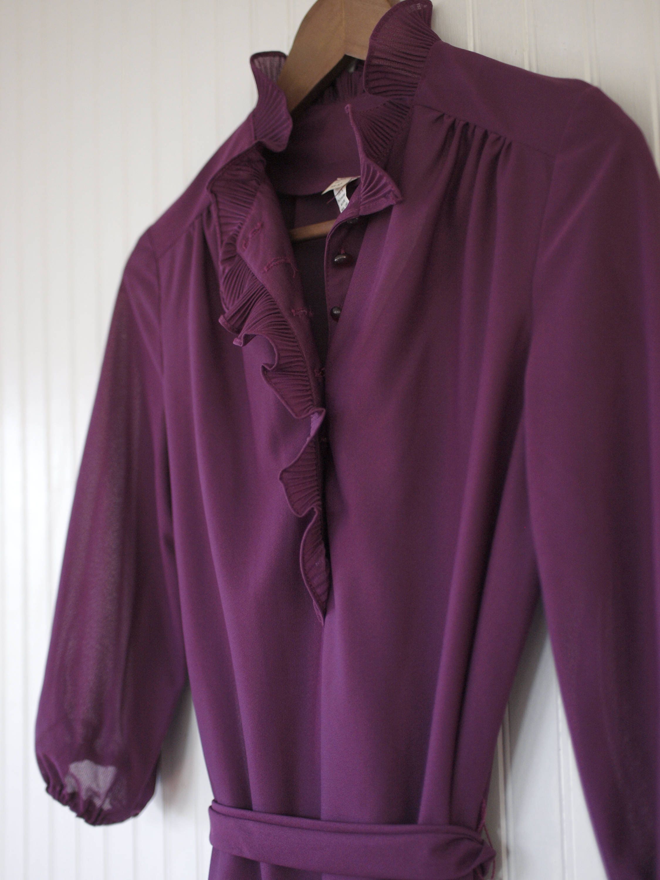 Vintage S /M Sheer Purple Ruffle Neck Dress - Belted - Small / Medium ...