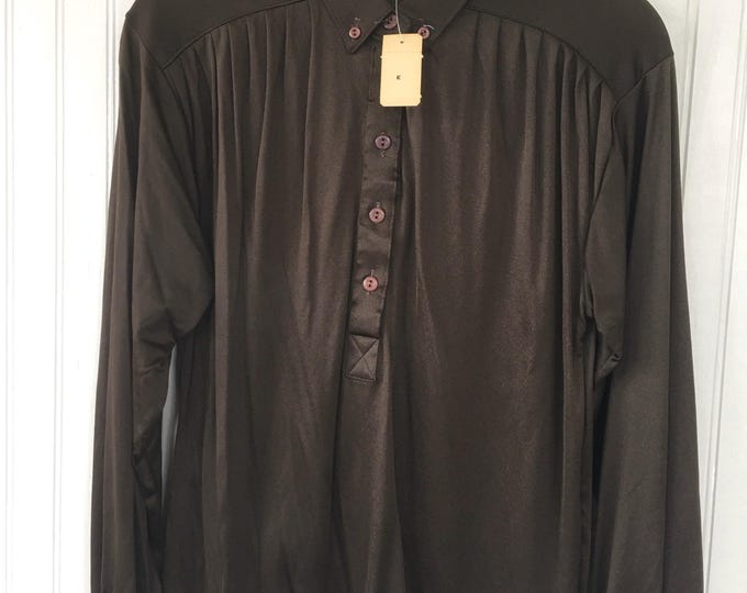 Vintage Medium Brown Nylon Blouse Shirt Button Down Top Size Small / Med Stretch Deadstock NWT Spring Summer Festival 70s 80s S/M 36