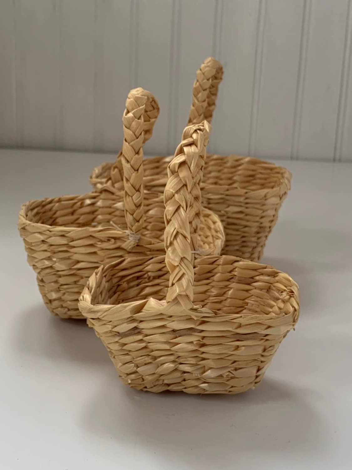 Set of 3 Vintage Deadstock 80s Miniature Wicker Stacking Baskets Home