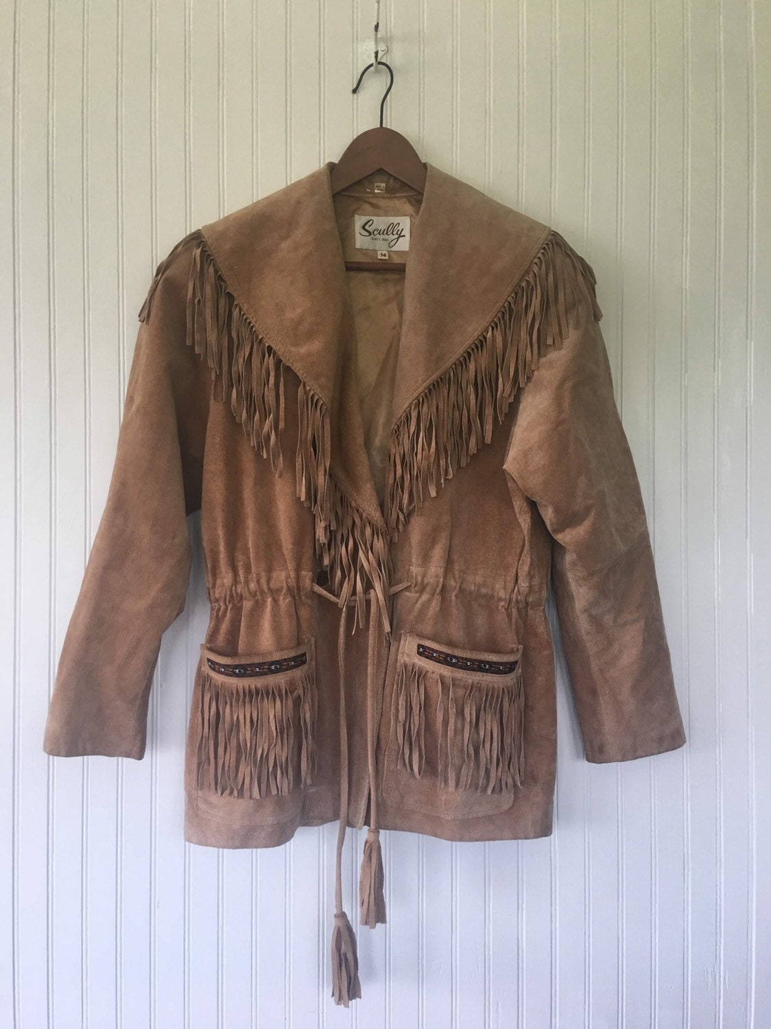 Vintage 90s Light Brown Suede Fringe Coat Large Boho Embroidered ...