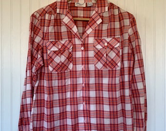 NWT Vintage Plaid Long Sleeve Shirt Top White Red Blue Coral Button Down Shirt Large 40 14 L XL Deadstock Western Boho Amy Barr