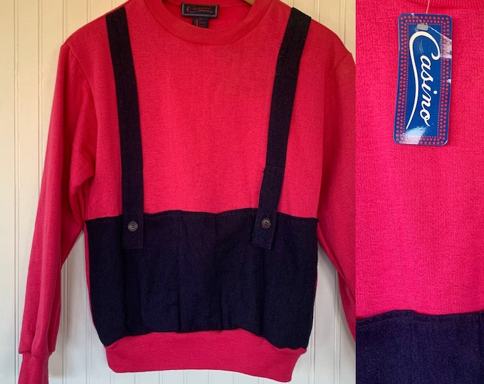 Vintage NWT 80s Vintage Sweatshirt Size Medium Pink Blue Denim Fleece Overalls Style Med S/M Small 70s Deadstock Sweat shirt Sweater Pockets