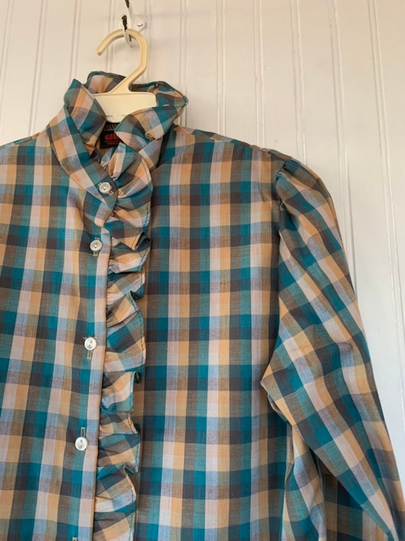 NWT Vintage Plaid Puff Sleeve Shirt Top Turquoise… - image 7