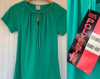 Vintage Deadstock 70s Small Seafoam Green Blue Peasant Top XS XS/S 70s nos keyhole Tie Tops Med Short Sleeves 34 Boho Blouse 80s Pastel