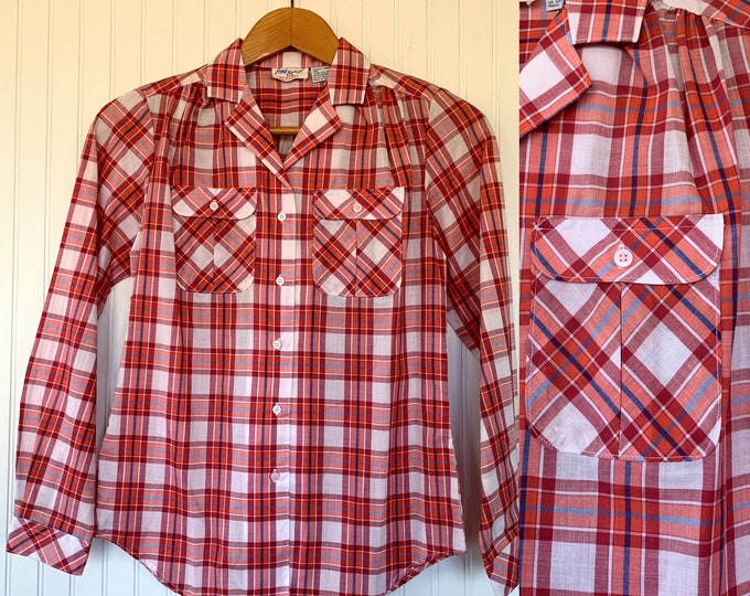 NWT Vintage Plaid Long Sleeve Shirt Top White Red Blue Coral Button Down Shirt Medium 8 36 Med M Small Sm Deadstock Western Boho Amy Barr