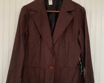 NWT Deadstock Vintage 80s Brown Blazer Tweed Jacket Pockets Small S S/M Medium Med 36 Wool Silk Blend Jacket