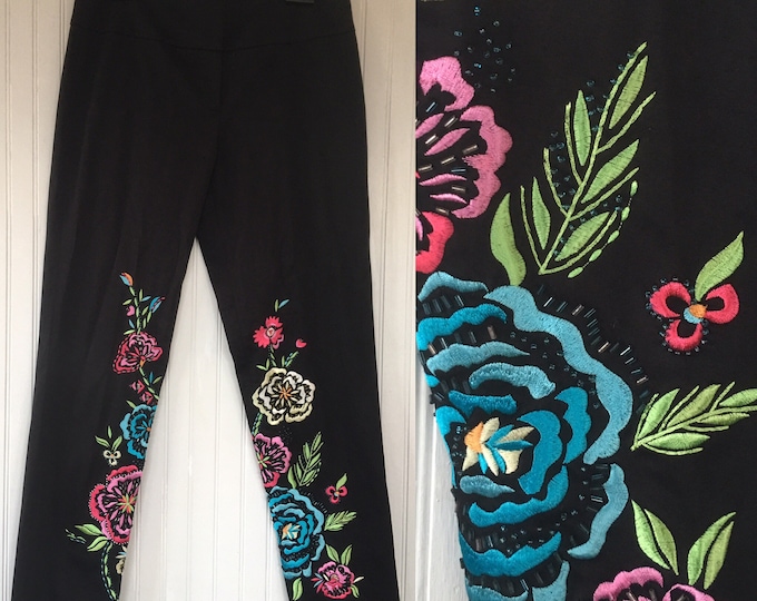 Vintage 90s Cache Black Embroidered Dress Pants Beaded Rainbow Size 8 Nineties Festival