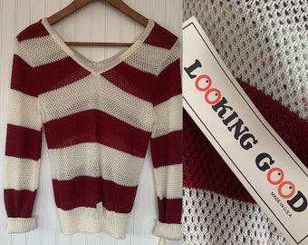 Deadstock Vintage 80s Small Dark Red Off White Sheer Mesh Knit Striped Shirt Sweater S Long Sleeve Shirts Top Deep Vneck maroon