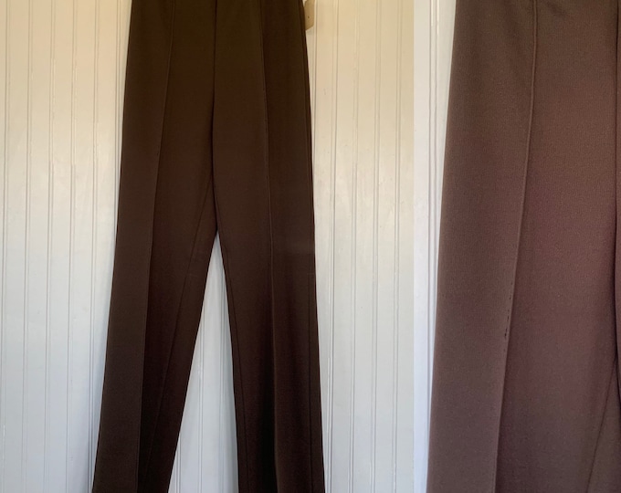 Deadstock Vintage 70s XS Brown Trousers High Waisted Pants Wide Leg 25 26 elastic waist Spring Polyester pant 80s front pleat pleated Comfy