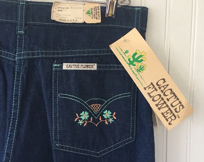 NWT Vintage 80s Deadstock High Waisted Dark Denim Blue Jeans 28 Embroidered Floral Pocket 27 Cactus Flower Original Tags Boho Pants Medium M