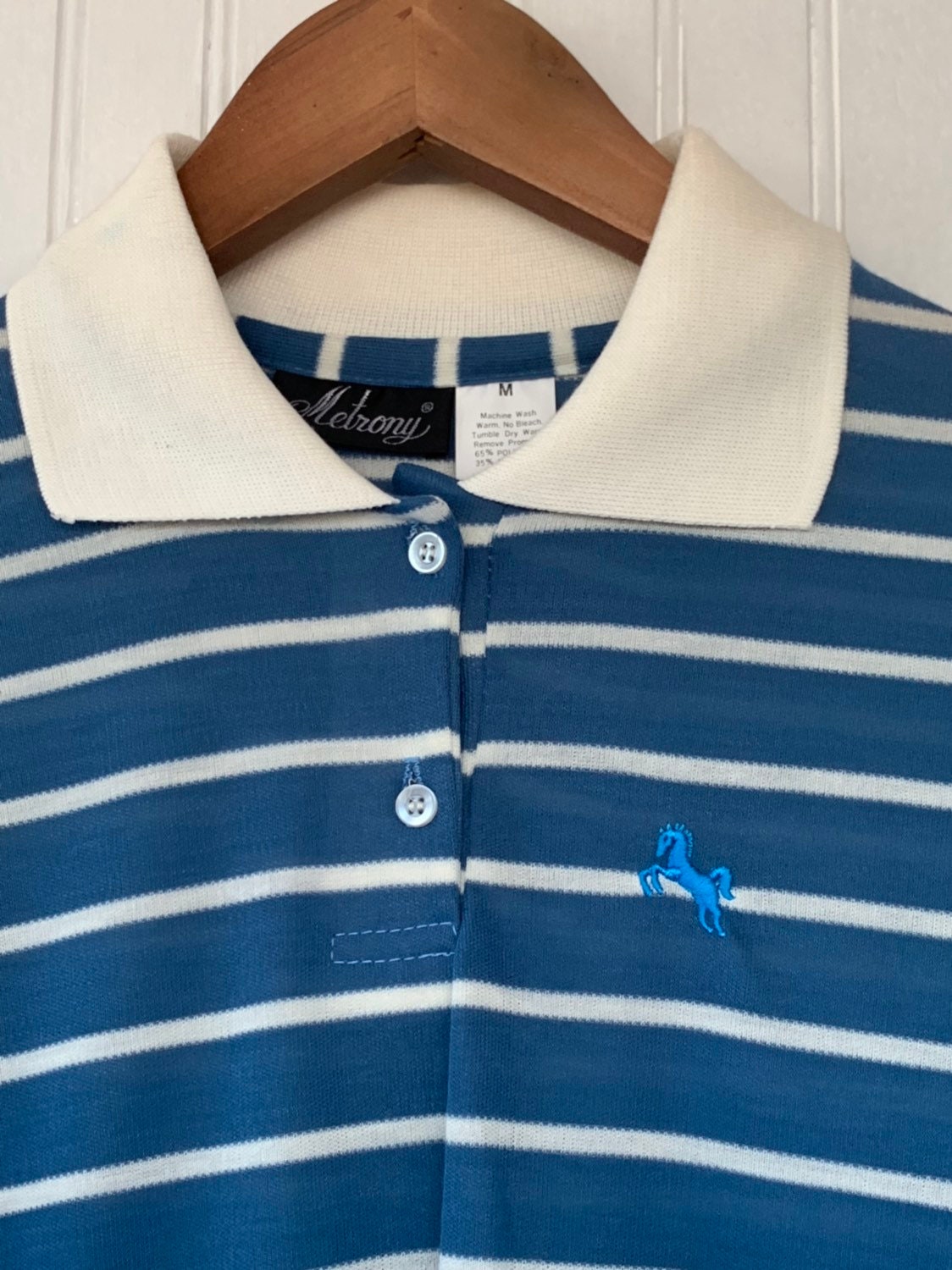 NWT 80s Vintage Blue White Striped Long Sleeve Polo Shirt Size Medium ...