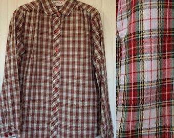 NWT 80s Vintage Plaid Long Sleeve Top Red White Green Black Gold Button Down Shirt Medium Small S 34 S/M Deadstock Western Christmas