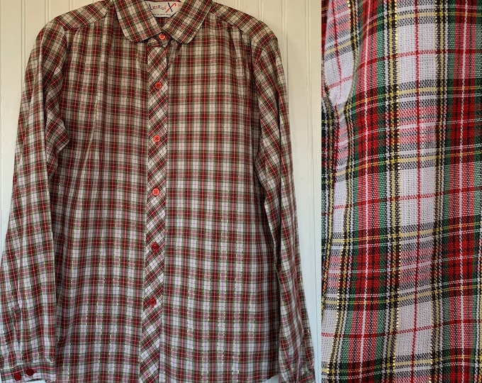 NWT 80s Vintage Plaid Long Sleeve Top Red White Green Black Gold Button Down Shirt Medium Small S 34 S/M Deadstock Western Christmas