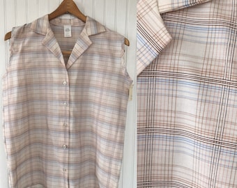 1979 Vintage Plaid Sleeveless Top Size Medium Med M Off White Ivory Blue Brown 70s 80s button down Deadstock NWT Hipster Pinup