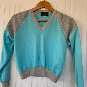 Vintage NWT 80s Vintage Cache Sweatshirt Size Medium Turquoise Gray Baseball Style Med S/M Small 70s Deadstock Sweat shirt Sweater Grey