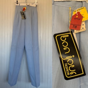 Deadstock Vintage 80s XS Blue White Striped Trousers Belt High Waisted Pants Wide Leg 24 25 Spring Summer Eighties Pockets
