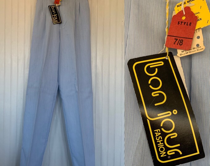 Deadstock Vintage 80s XS Blue White Striped Trousers Belt High Waisted Pants Wide Leg 24 25 Spring Summer Eighties Pockets