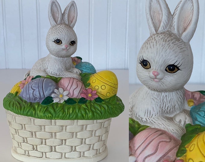 Vintage 80s Kitsch Easter Egg Bunny Ceramic Keepsake Figurine Rabbit Lefton Rainbow Miniature Boxes Basket Spring Baby Gift Decor Jewelry