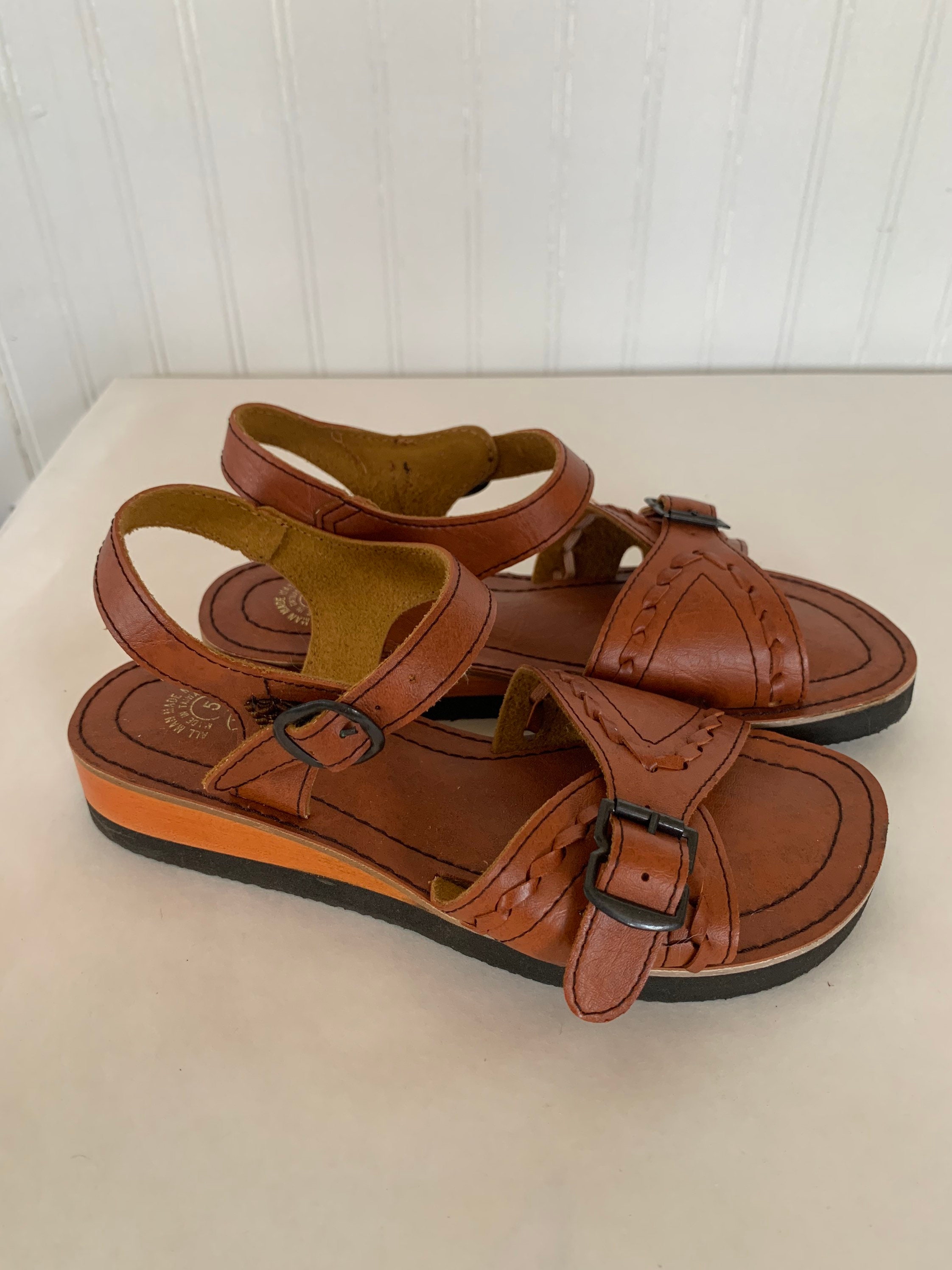 comfy vegan shoes on Vintage 70s Deadstock Size 5 Brown Vegan Leather Sandals New Condition Spring Summer Shoes Comfy Wedge 4 5 Chestnut Nos