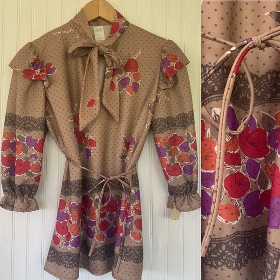 Vintage 70s Small Beige Brown Puff Sleeve Floral … - image 1