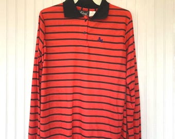 NWT 80s Vintage Red Black Striped Long Sleeve Polo Shirt Large Top Deadstock Preppy Eighties L Lg M/L Unisex Horse Logo Stripes
