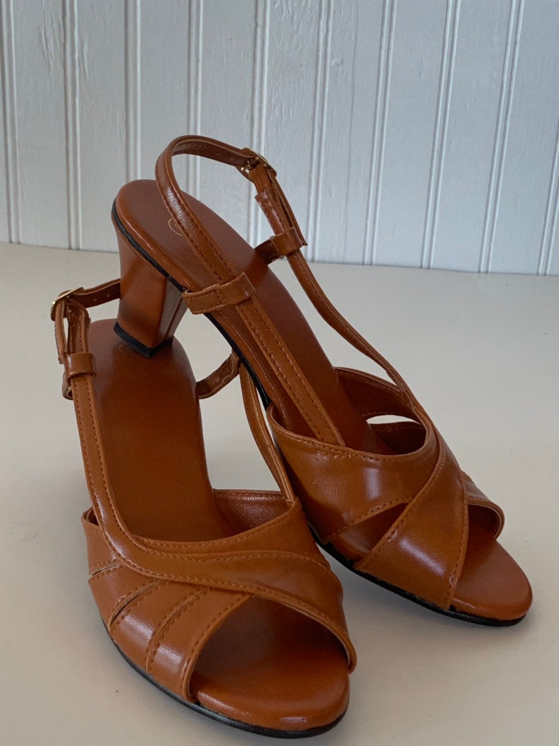 Vintage 80s Deadstock Size 6 Vegan Leather Sandals Rust Orange Brown ...