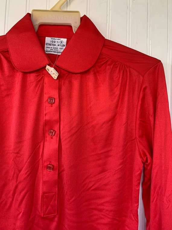 Vintage Nylon Bright Red Disco Blouse Medium Shir… - image 6