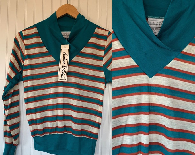 Deadstock Vintage 70s Small Horizontal Striped Long Sleeve Top Shirt Teal Orange white Sportswear 80s XS S Xs/S Disco Rollergirl