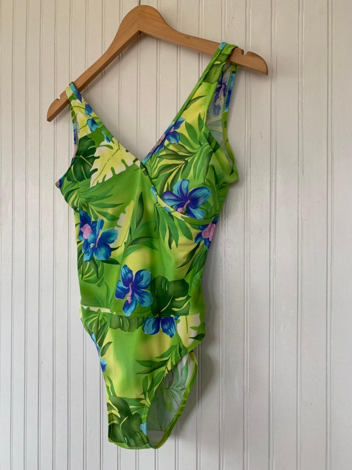 Vintage Size M 90s Bright Lime Green Blue Tropical Floral Print ...