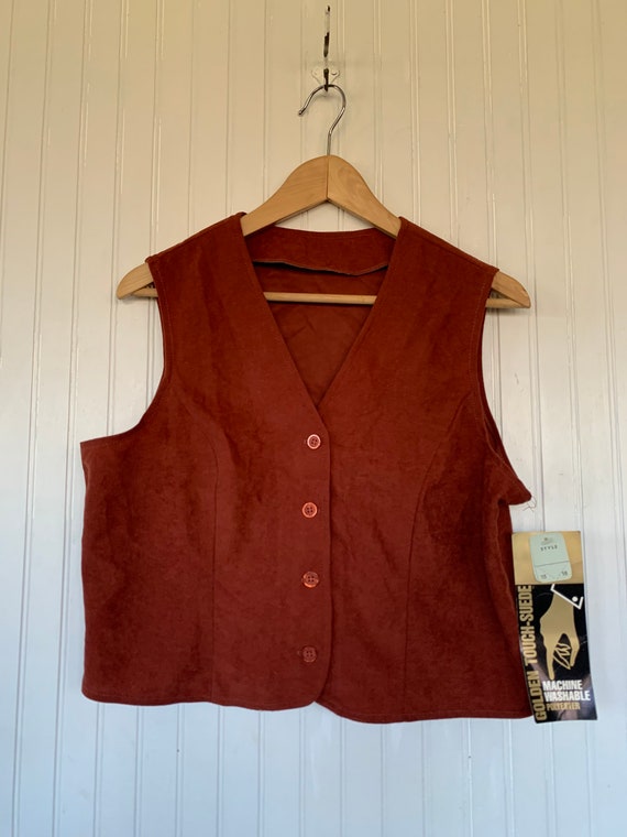 Vintage 70s Medium Rust Button Down Micro Suede V… - image 2