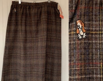 Vintage 80s Deadstock Hush Puppies Tweed Skirt Brown Red Black White Blue Multi Large L 16 31 Waist New Tags Below Knee High Waisted 70s
