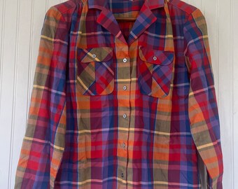 NWT Vintage Plaid Long Sleeve Shirt Top Button Down Shirt Medium Med M 36 Red Purple Yellow Deadstock Western Boho Amy Barr Bright Rainbow