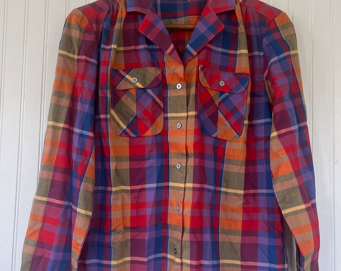 NWT Vintage Plaid Long Sleeve Shirt Top Button Down Shirt Medium Med M 36 Red Purple Yellow Deadstock Western Boho Amy Barr Bright Rainbow