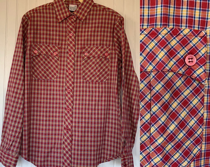 NWT 80s Deadstock Vintage Plaid Long Sleeve Shirt Medium Red Yellow Blue Button Down Shirt Western Hipster Small S/M Mens 34 Med Pockets