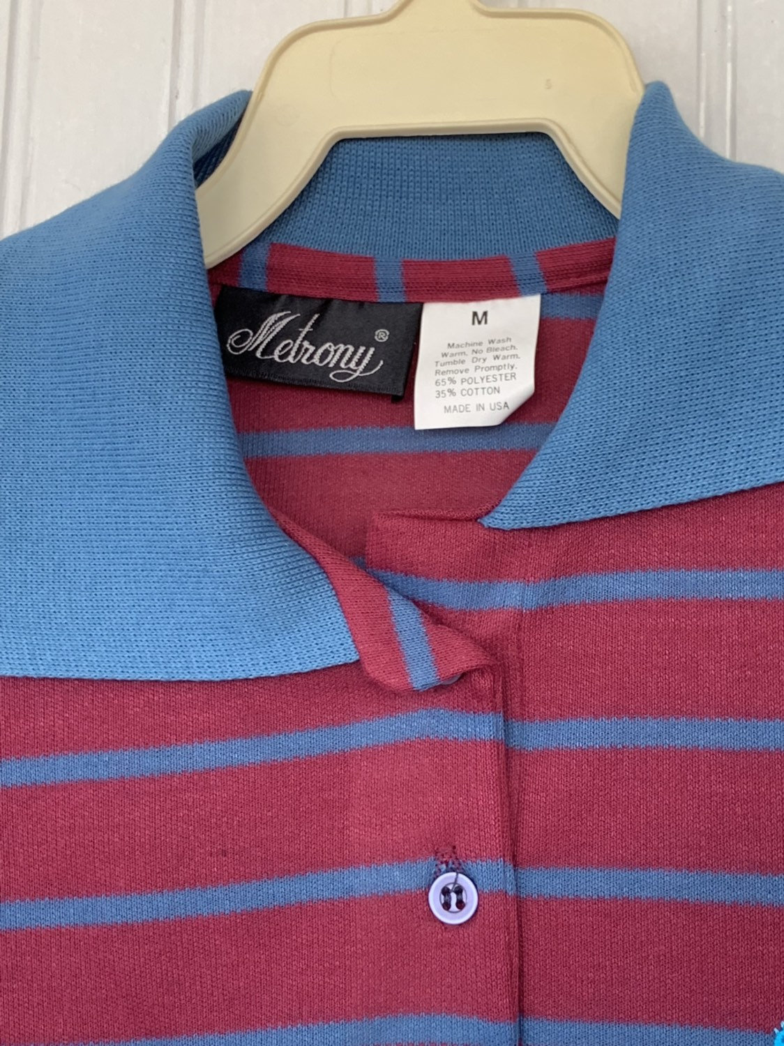 NWT 80s Vintage Blue Dark Red Striped Long Sleeve Polo Shirt Medium Top ...