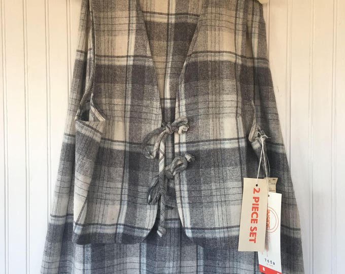 Vintage Plaid Vest and Skirt Set Gray Blue White Size XS - New With Tags from 1979 70s tie front suit tartan