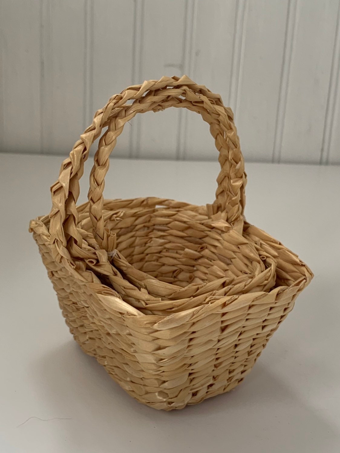 Set of 3 Vintage Deadstock 80s Miniature Wicker Stacking Baskets Home