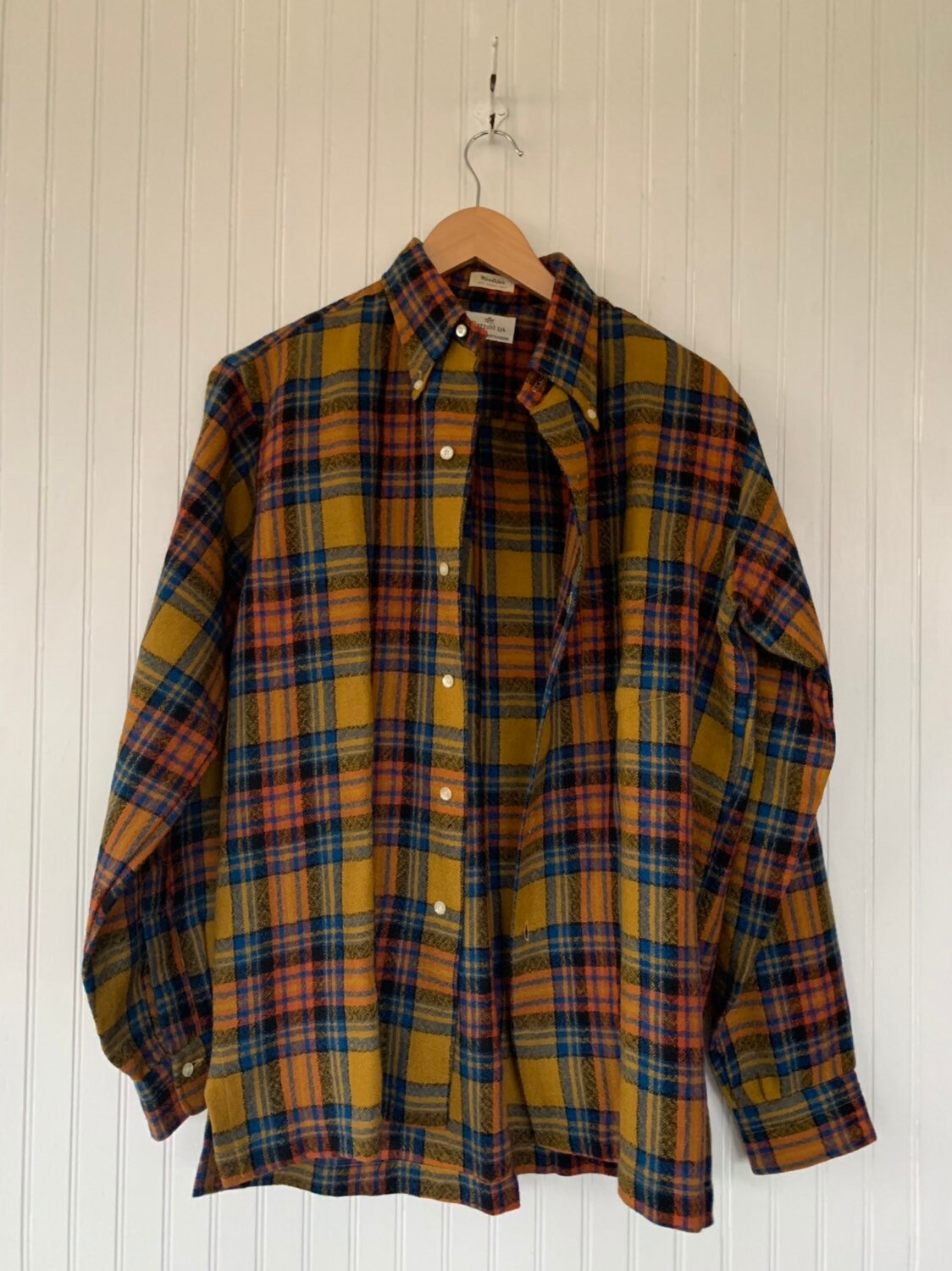 50s Vintage Wool Plaid Shirt Long Sleeve Top Size Medium Mustard Yellow ...